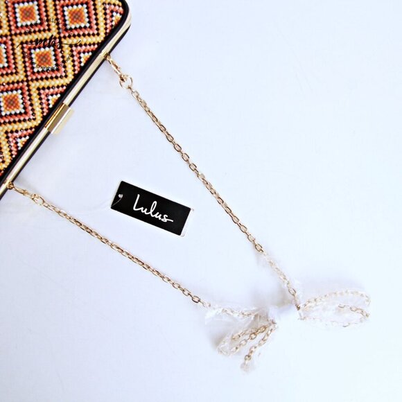 NWT Lulu\'s Beaded Hard Case Clutch Multicolor Orange with Removable Golden Chain